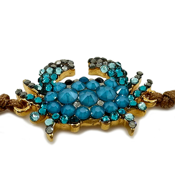 Ekaterini Freundschaftsarmband, Starfish, Baby Crab, türkise Swarovski Kristalle an brauner Kordel und goldenen Akzentenn, seitlich